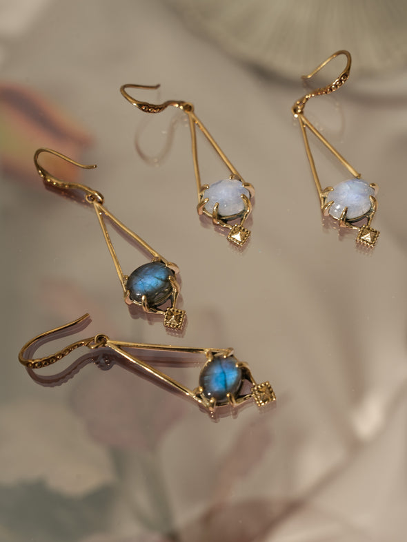 Tiana Gemstone Brass Earrings, Moonstone Earrings, Labradorite Earrings