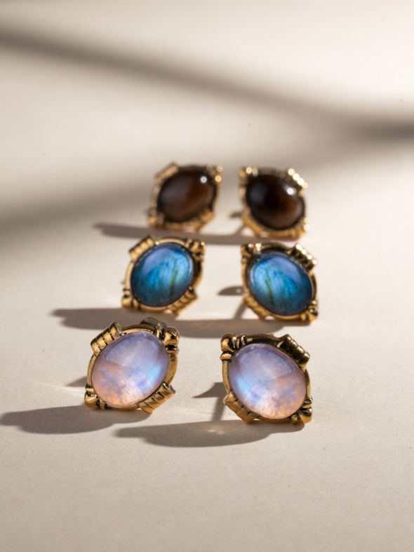 Juliette Gemstone Brass Earrings, Labradorite Earrings, Moonstone Earrings, Smoky Quartz Earrings