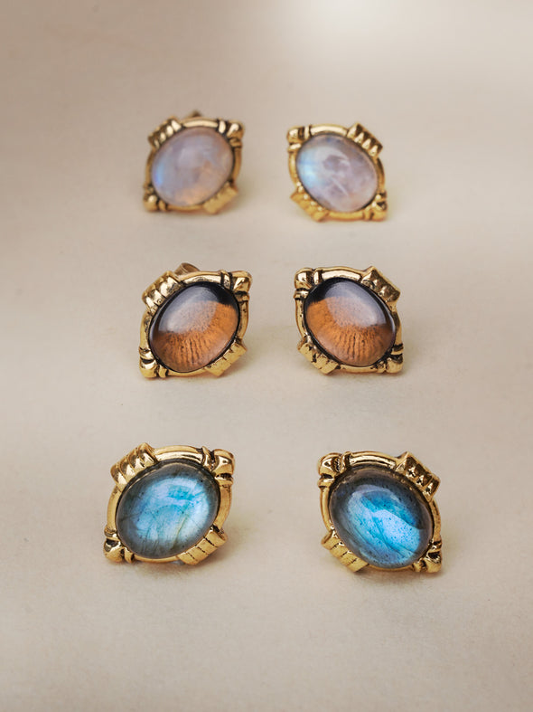 Juliette Gemstone Brass Earrings, Labradorite Earrings, Moonstone Earrings, Smoky Quartz Earrings