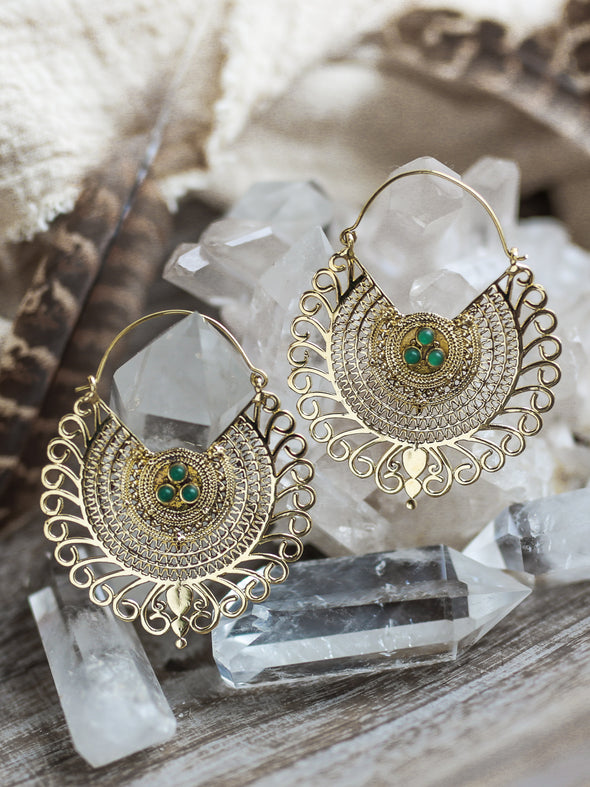 Dancing Mayura Brass Earrings - Green Onyx Earring, Brass Jewelry