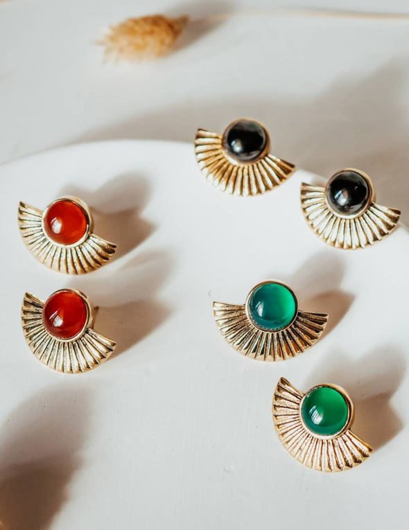 Farrah Gemstone Brass Earrings - Black Onyx Earring, Green Onyx Earring, Red Onyx Earring, Brass Earring, Brass Jewelry, Jewelry, Gemstone