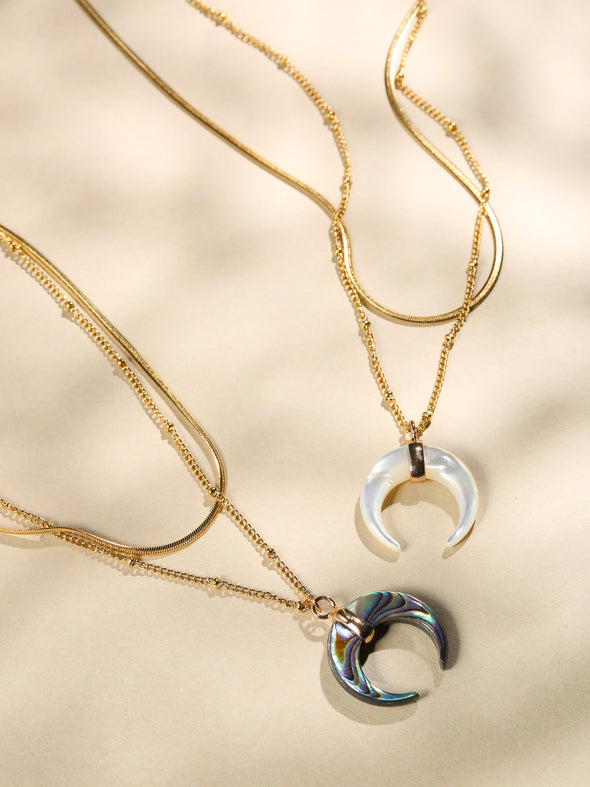 Crescent Moon Double Layered Necklace, Crescent Moon, Mother of Pearl Necklace, Abalone Necklace, Handmade Necklace, Necklace.