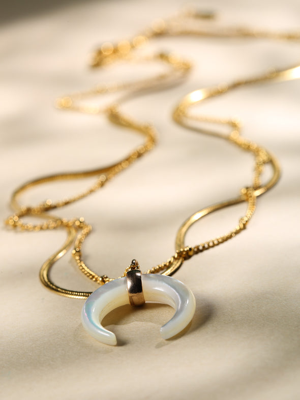 Crescent Moon Double Layered Necklace, Crescent Moon, Mother of Pearl Necklace, Abalone Necklace, Handmade Necklace, Necklace.