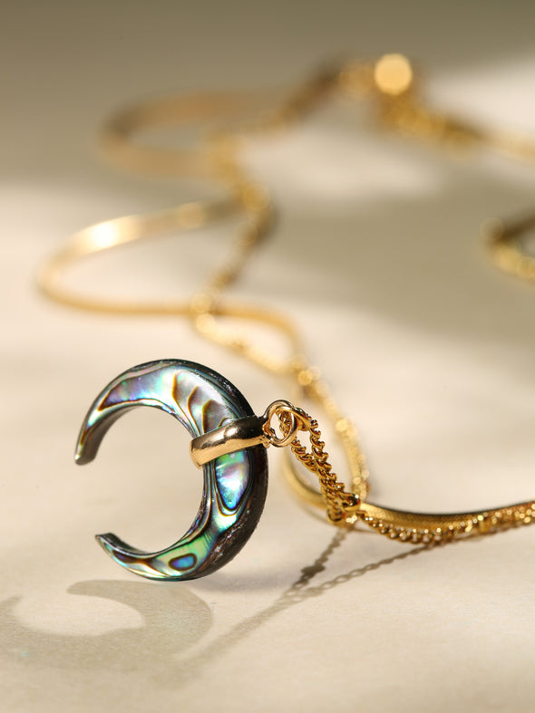 Crescent Moon Double Layered Necklace, Crescent Moon, Mother of Pearl Necklace, Abalone Necklace, Handmade Necklace, Necklace.