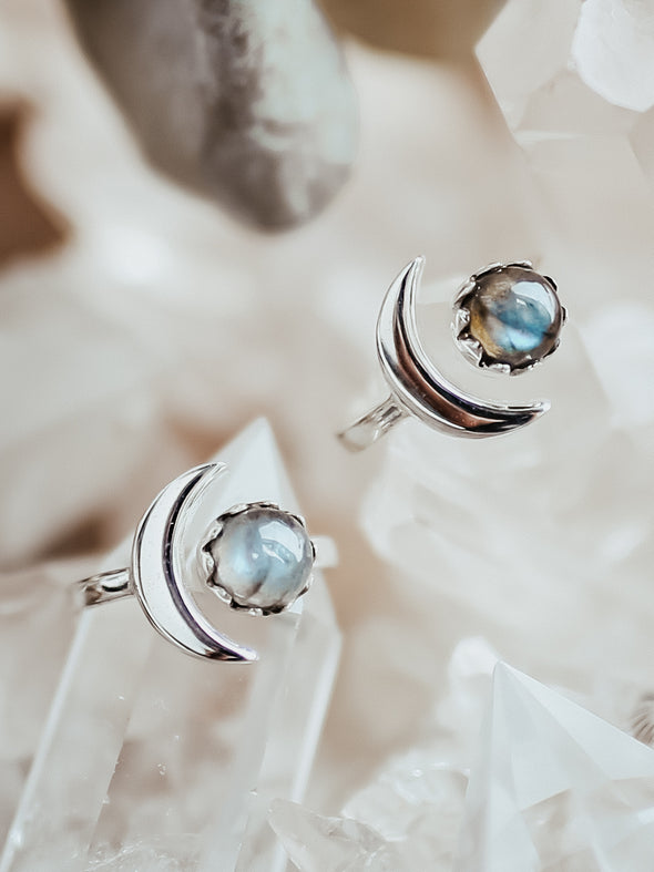 Crescent Sterling Silver Ring - Moonstone Ring, Blue Labradorite Ring, Silver Ring, Silver Jewelry, Gemstones