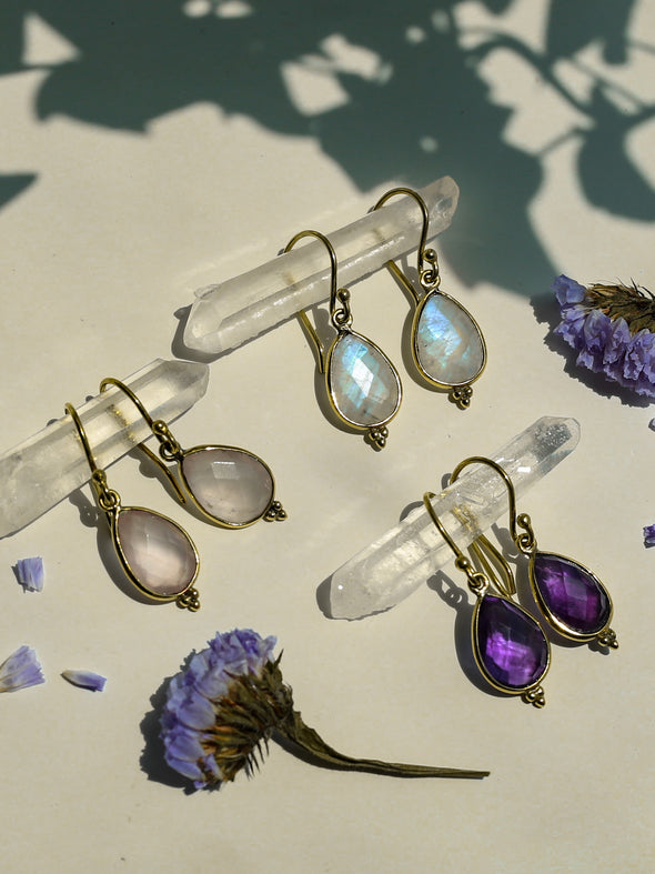 Gemma Gemstone Brass Earrings - Moonstone Earring, Rose Quartz Earring, Amethyst Earring, Brass Earring, Brass Jewelry, Gemstone Jewelry