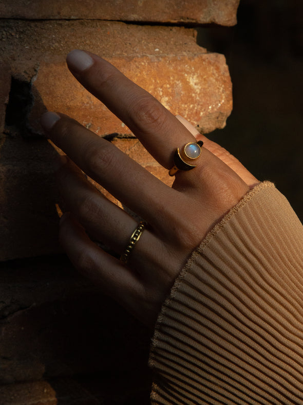 Crescent Moon Gemstone Brass Gold Plated Ring, Amethyst Ring, Black Onyx Ring, Labradorite Ring, Moonstone Ring, Turquoise Ring 