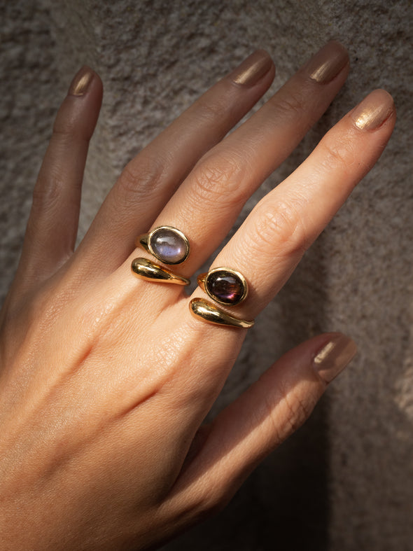 Amala Gemstone Brass Ring , Silver Ring - Purple Labradorite Ring, Blue Labradorite Ring, Moonstone Ring