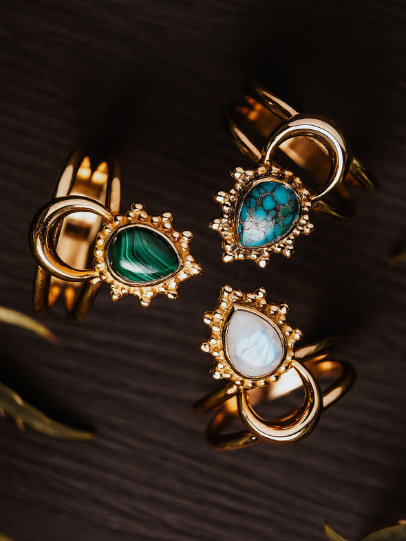 Astrid Gemstone Brass Ring - Malachite Ring, Moonstone Ring, Turquoise Ring, Brass Jewelry, Gemstone