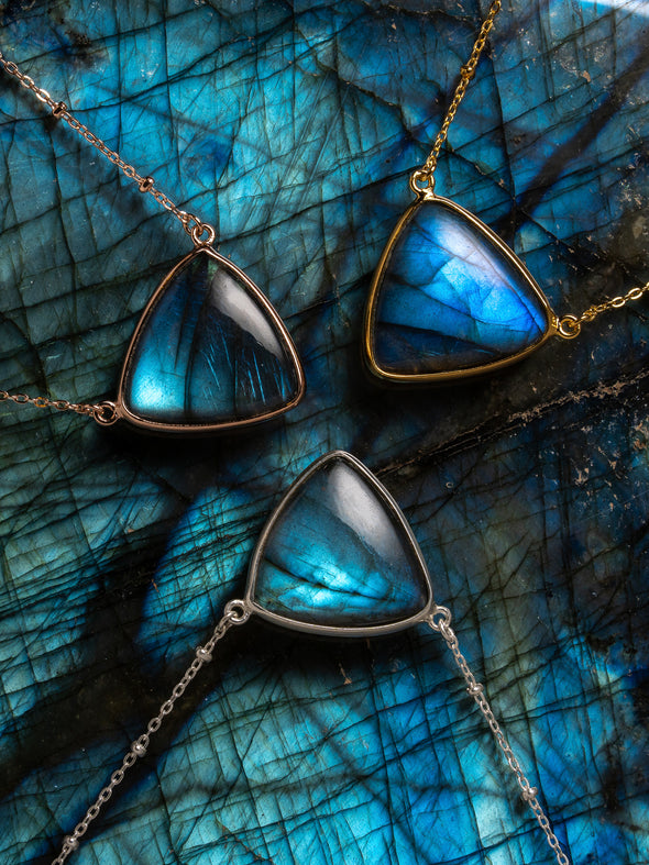 Triangle Gemstone Sterling Silver Or Gold Plated Necklace, Moonstone Necklace, Rose Quartz Necklace, Labradorite Necklace