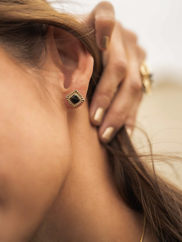 Frankie Gemstone Brass Earrings, Black Onyx Earrings, Mother of Pearl Earrings, Labradorite Earrings