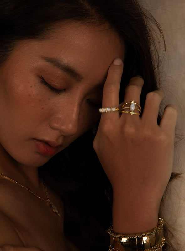 Deliz Gemstone Ring - Moonstone Ring, Brass Ring, Brass Jewelry, Gemstone