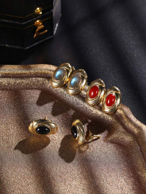 Esma Gemstone Brass Earrings, Black Onyx Earrings, Red Onyx Earrings, Labradorite Earrings