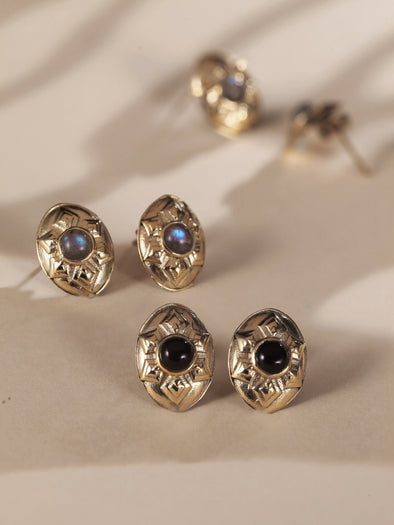 Carmen Gemstone Brass Earrings, Black Onyx Earrings, Labradorite Earrings