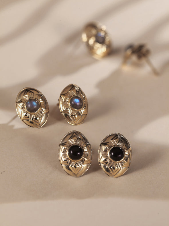 Carmen Gemstone Brass Earrings, Black Onyx Earrings, Labradorite Earrings