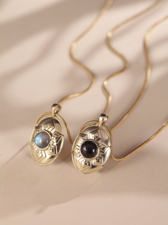 Carmen Gemstone Brass Necklace, Black Onyx Necklace, Labradorite Necklace