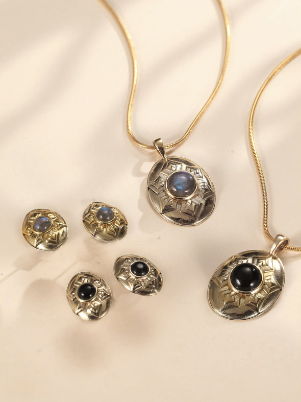 Carmen Gemstone Brass Necklace, Black Onyx Necklace, Labradorite Necklace