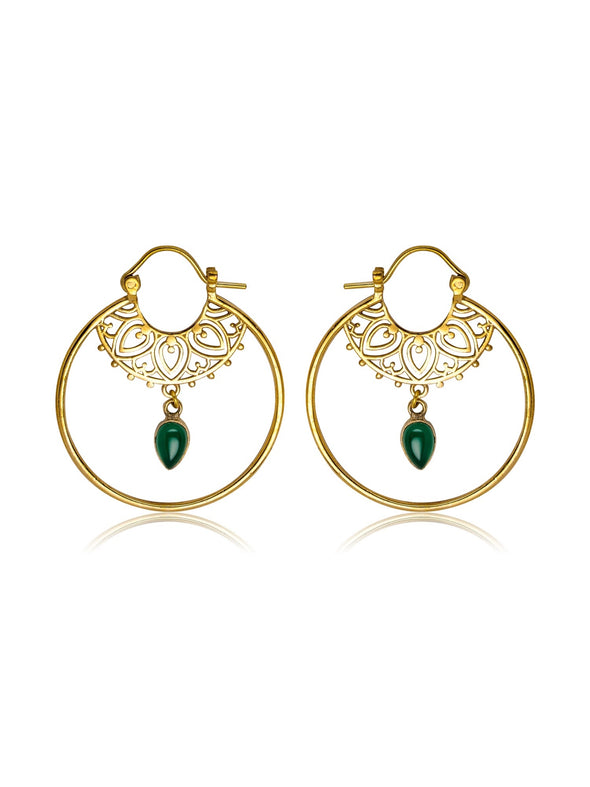 Idika Gemstone Brass Earrings - Green Onyx Earring, Brass Jewelry