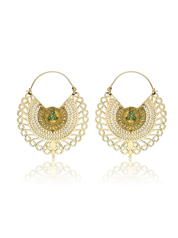 Dancing Mayura Brass Earrings - Green Onyx Earring, Brass Jewelry