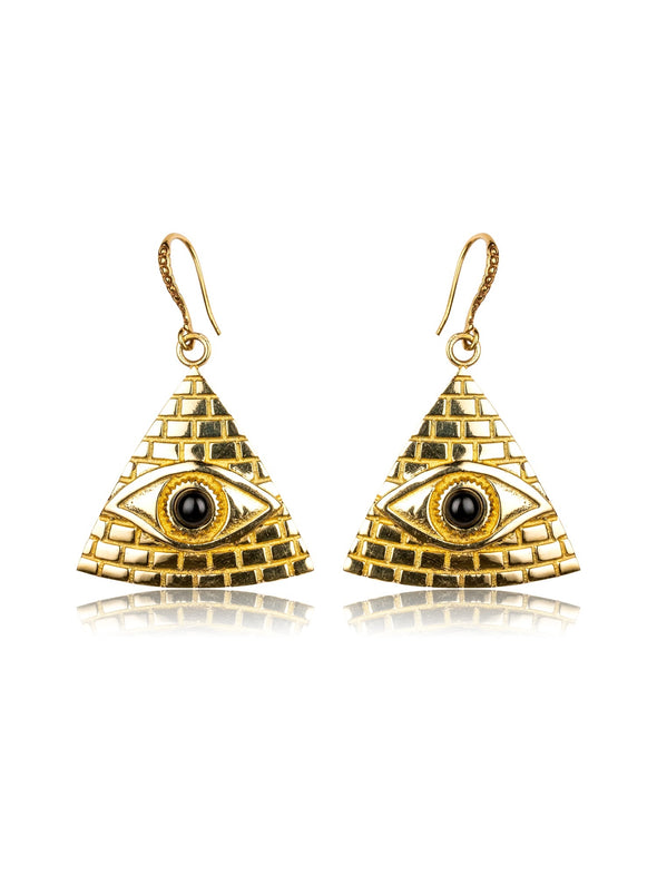Horus Brass Earrings - Black Onyx Earring, Brass Jewelry