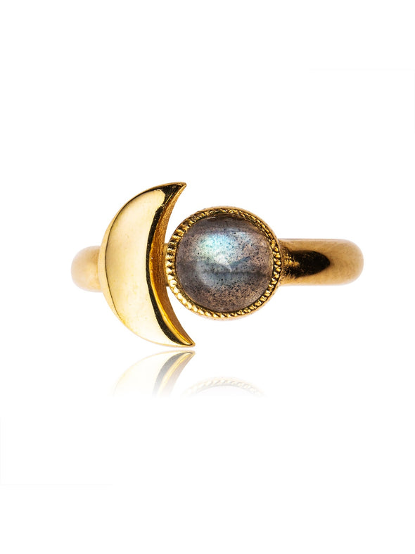 Crescent Moon Gemstone Brass Gold Plated Ring, Amethyst Ring, Black Onyx Ring, Labradorite Ring, Moonstone Ring, Turquoise Ring 