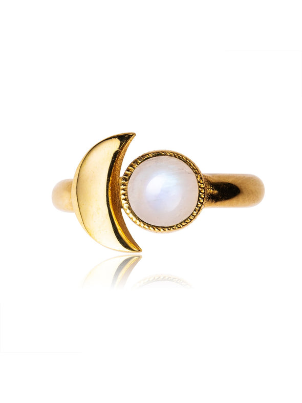 Crescent Moon Gemstone Brass Gold Plated Ring, Amethyst Ring, Black Onyx Ring, Labradorite Ring, Moonstone Ring, Turquoise Ring 