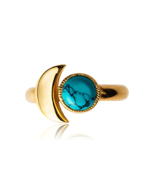Crescent Moon Gemstone Brass Gold Plated Ring, Amethyst Ring, Black Onyx Ring, Labradorite Ring, Moonstone Ring, Turquoise Ring 