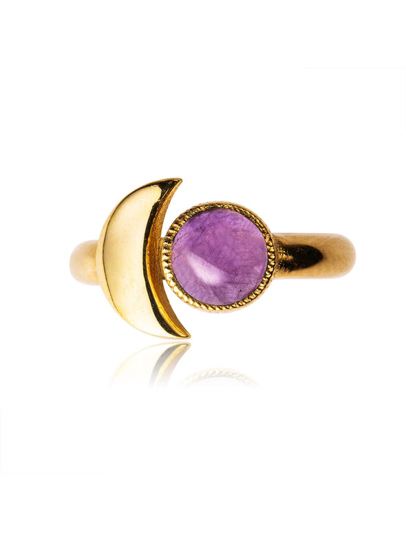 Crescent Moon Gemstone Brass Gold Plated Ring, Amethyst Ring, Black Onyx Ring, Labradorite Ring, Moonstone Ring, Turquoise Ring 
