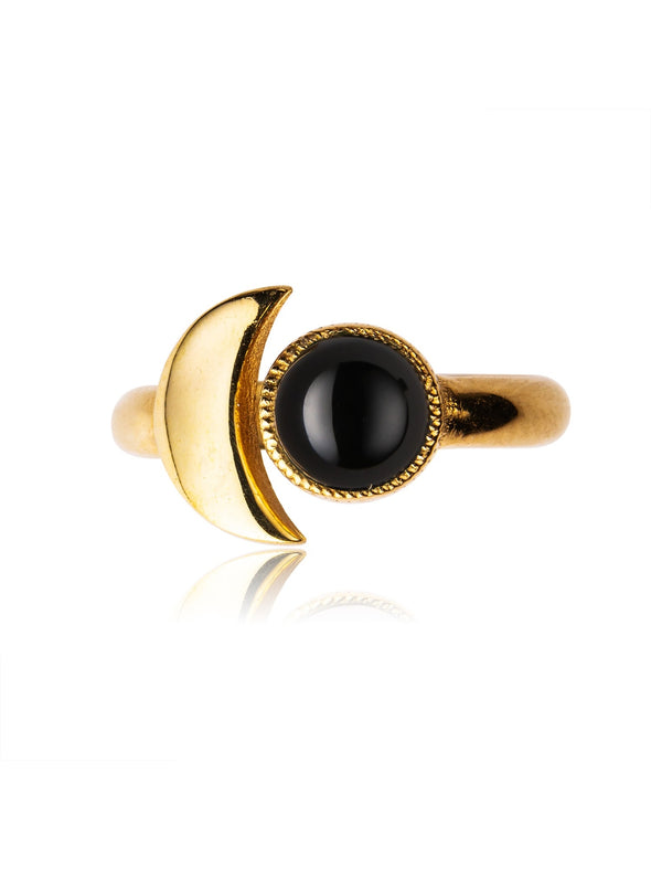 Crescent Moon Gemstone Brass Gold Plated Ring, Amethyst Ring, Black Onyx Ring, Labradorite Ring, Moonstone Ring, Turquoise Ring 