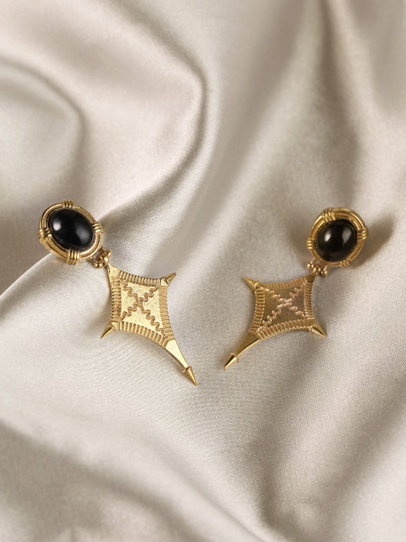 Inca Gemstone Earrings, Gemstone Earrings, Brass Earrings, Black Onyx, Handmade Earrings, Boho Earrings, Tribal Earrings, Hippie Earrings..