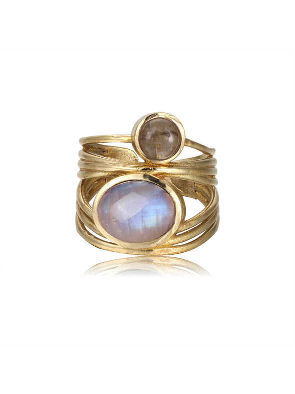 Gasha Gemstone Brass Ring - Moonstone Ring, Brown Quartz Ring, Brass Ring, Brass Jewelry, Gemstone