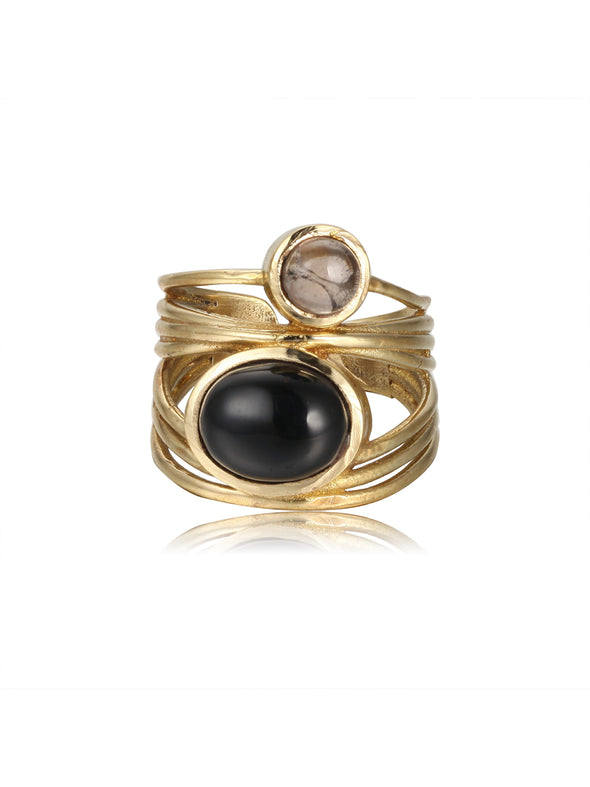 Gasha Gemstone Brass Ring - Black Onyx Ring, Brown Quartz Ring, Brass Ring, Brass Jewelry, Gemstone