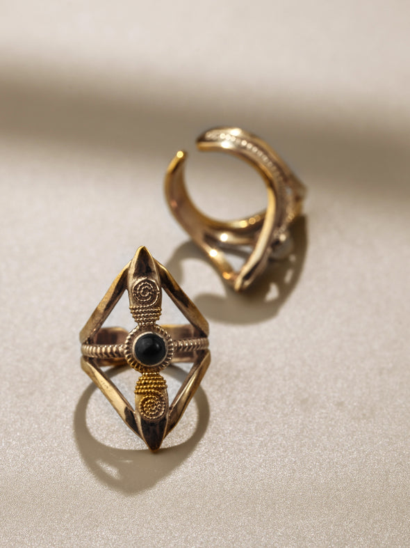 Tara Gemstone Brass Ring - Moonstone Ring, Black Onyx Ring, Brass Jewelry, Gemstone Jewelry