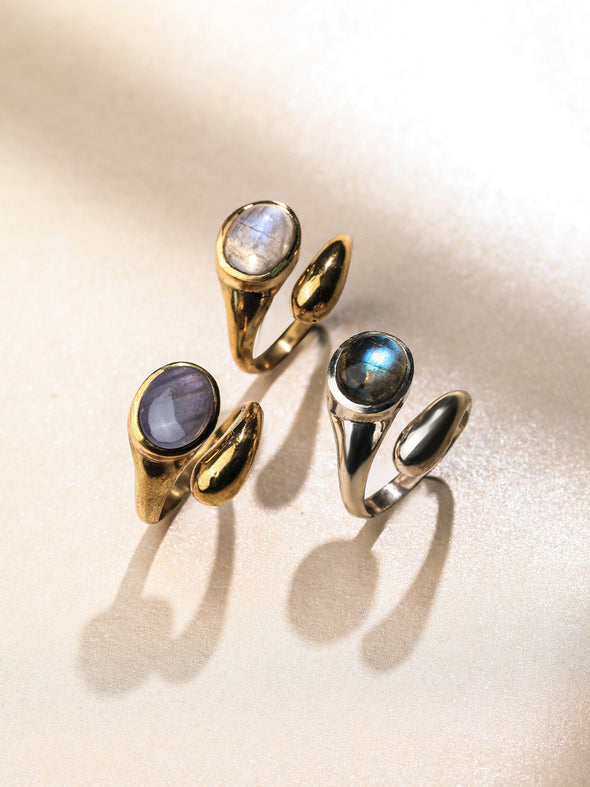 Amala Gemstone Brass Ring , Silver Ring  - Purple Labradorite Ring,  Blue Labradorite Ring, Moonstone Ring