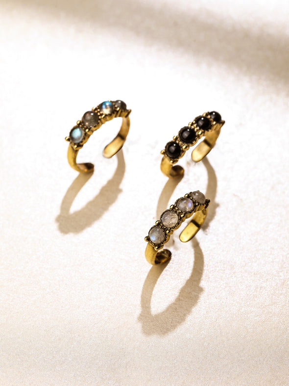 Raya Gemstone Brass Ring - Black Onyx Ring, Moonstone Ring, Labradorite Ring, Brass Jewelry, Gemstone Jewelry