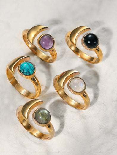 Crescent Moon Gemstone Brass Gold Plated Ring, Amethyst Ring, Black Onyx Ring, Labradorite Ring, Moonstone Ring, Turquoise Ring 