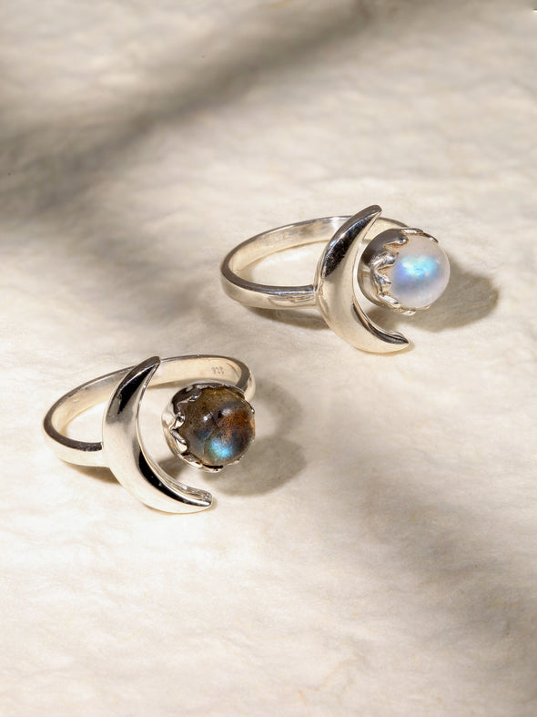 Crescent Sterling Silver Ring - Moonstone Ring, Blue Labradorite Ring, Silver Ring, Silver Jewelry, Gemstones