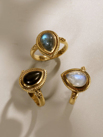 Osha Gemstone Brass Ring and Silver Ring, Labradorite Ring, Moonstone Ring, Black Onyx Ring, Gemstone Ring