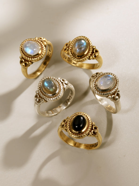 Roya Gemstone Brass Ring and Silver Ring, Labradorite Ring, Moonstone Ring, Black Onyx Ring, Gemstone Ring