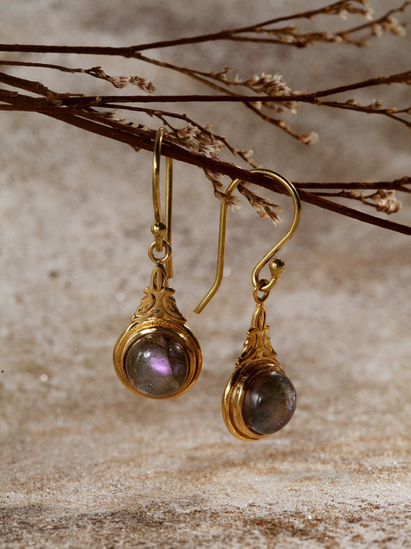 Alani Gemstone Brass Earrings - Brass Jewelry, Purple Labradorite Earring, Gemstone Earrings