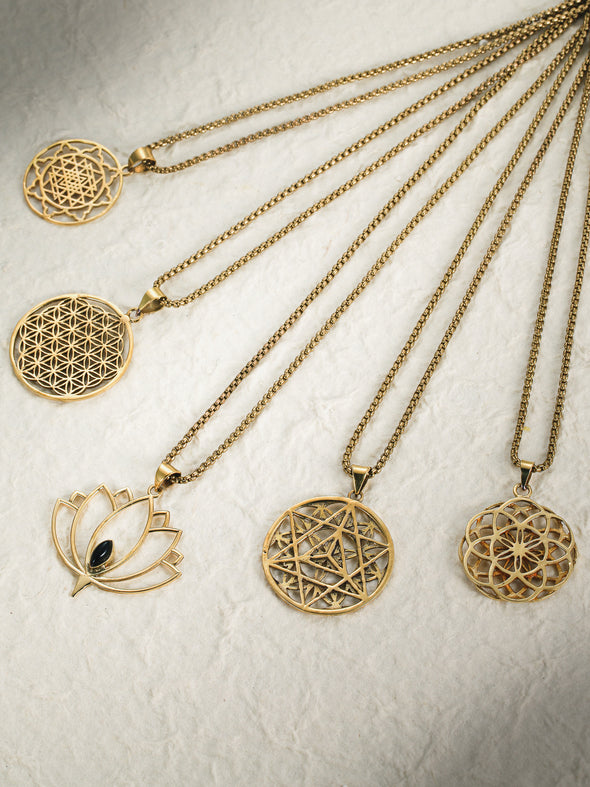 Lotus Bloom Brass Necklace, Shri Yantra Necklace, The Flower of Life Necklaces, The Seed of Life Necklaces
