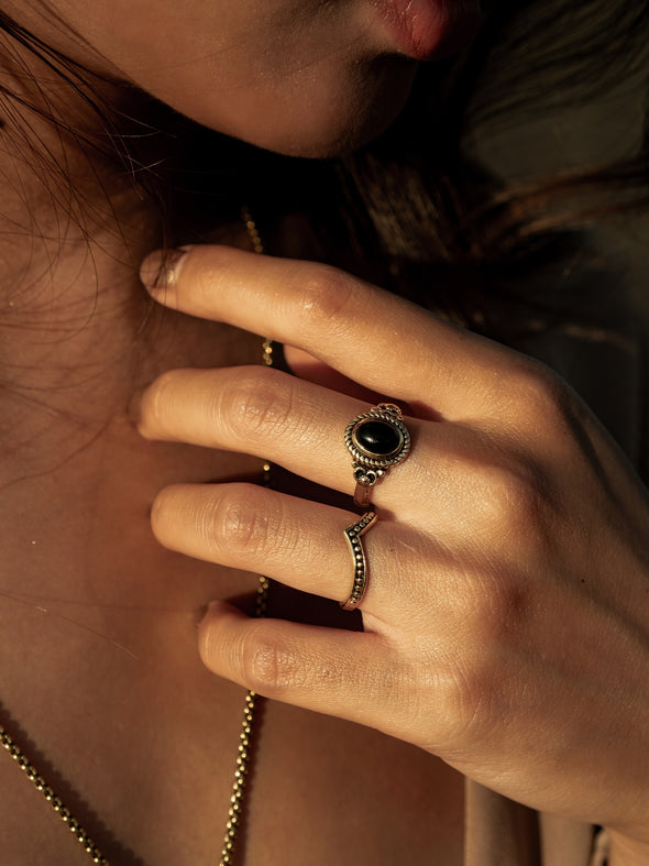 Roya Gemstone Brass Ring and Silver Ring, Labradorite Ring, Moonstone Ring, Black Onyx Ring, Gemstone Ring