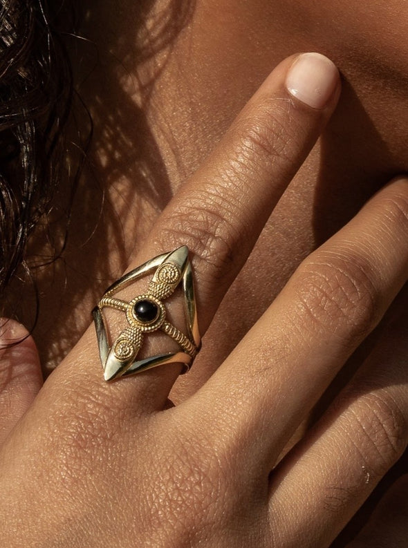 Tara Gemstone Brass Ring - Moonstone Ring, Black Onyx Ring, Brass Jewelry, Gemstone Jewelry