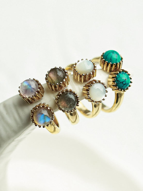 Twinkle Twinkle Gemstone Brass Ring-Labradorite, Moonstone, Mother of Pearl, Turquoise.