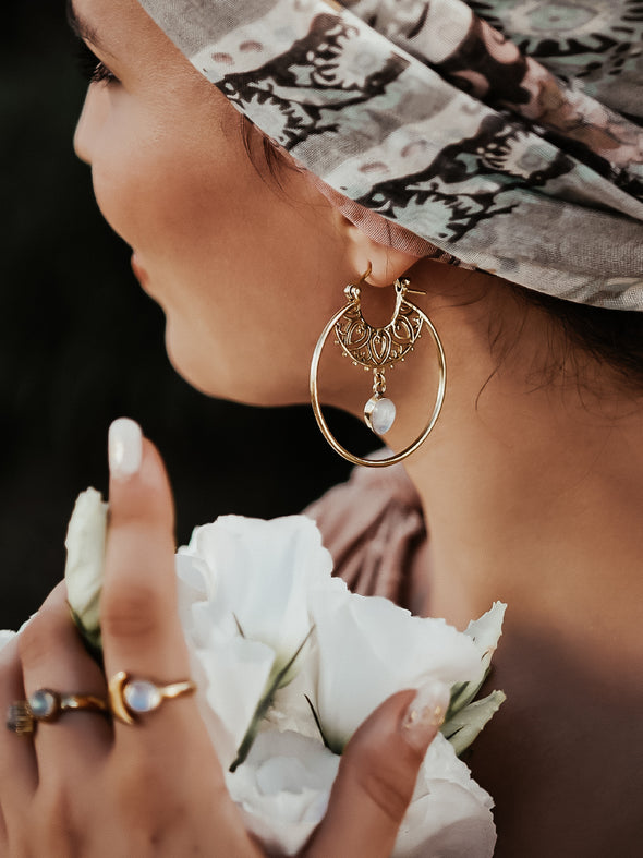 Idika Gemstone Brass Earrings - Moonstone Earring, Brass Jewelry