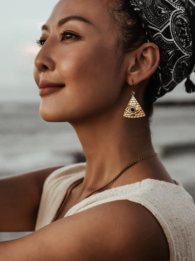 Horus Brass Earrings - Black Onyx Earring, Brass Jewelry