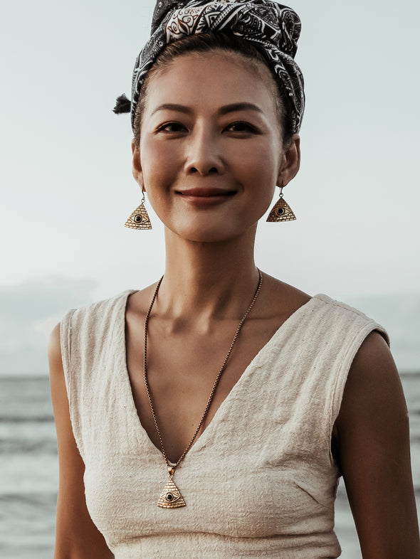 Horus Brass Earrings - Black Onyx Earring, Brass Jewelry